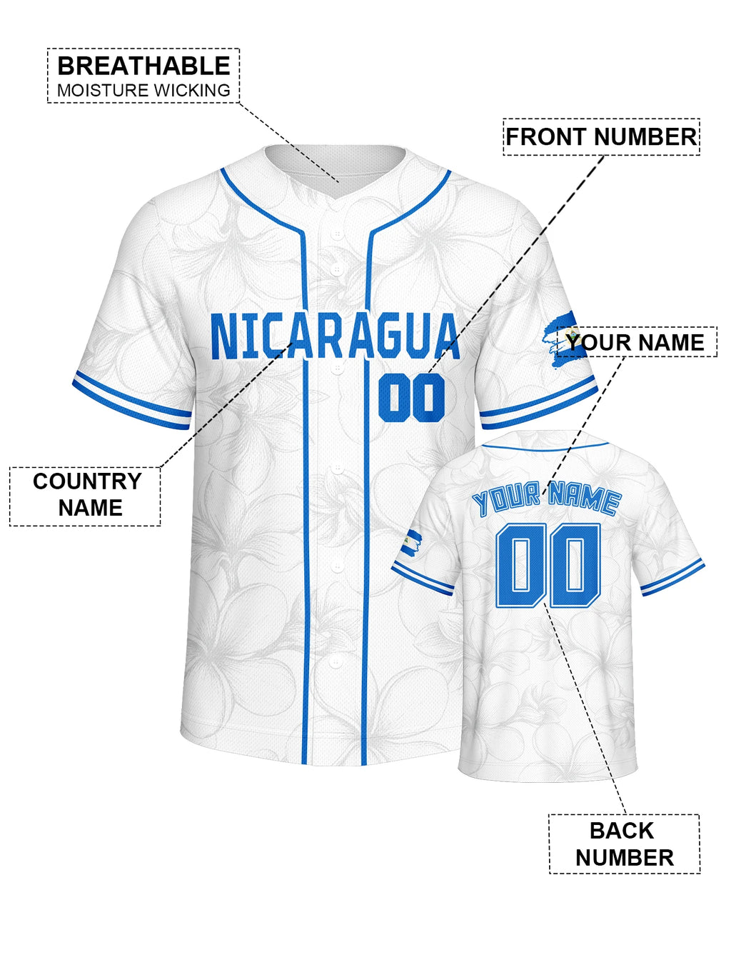 Personalized Nicaragua Baseball Jersey Custom Name Number Flag Inspired Button Down Baseball Shirt Sportwear for Men