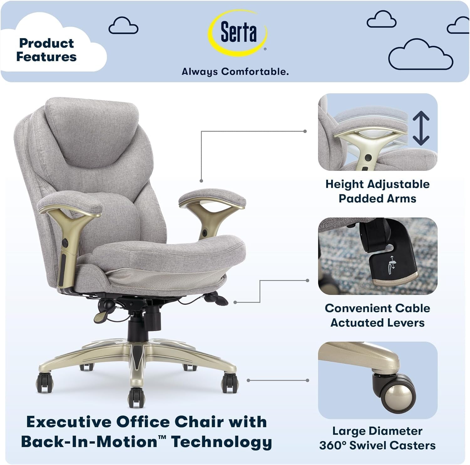Ergonomic Executive Office Chair Motion Technology Adjustable Mid Back Design with Lumbar Support, Light Gray Fabric