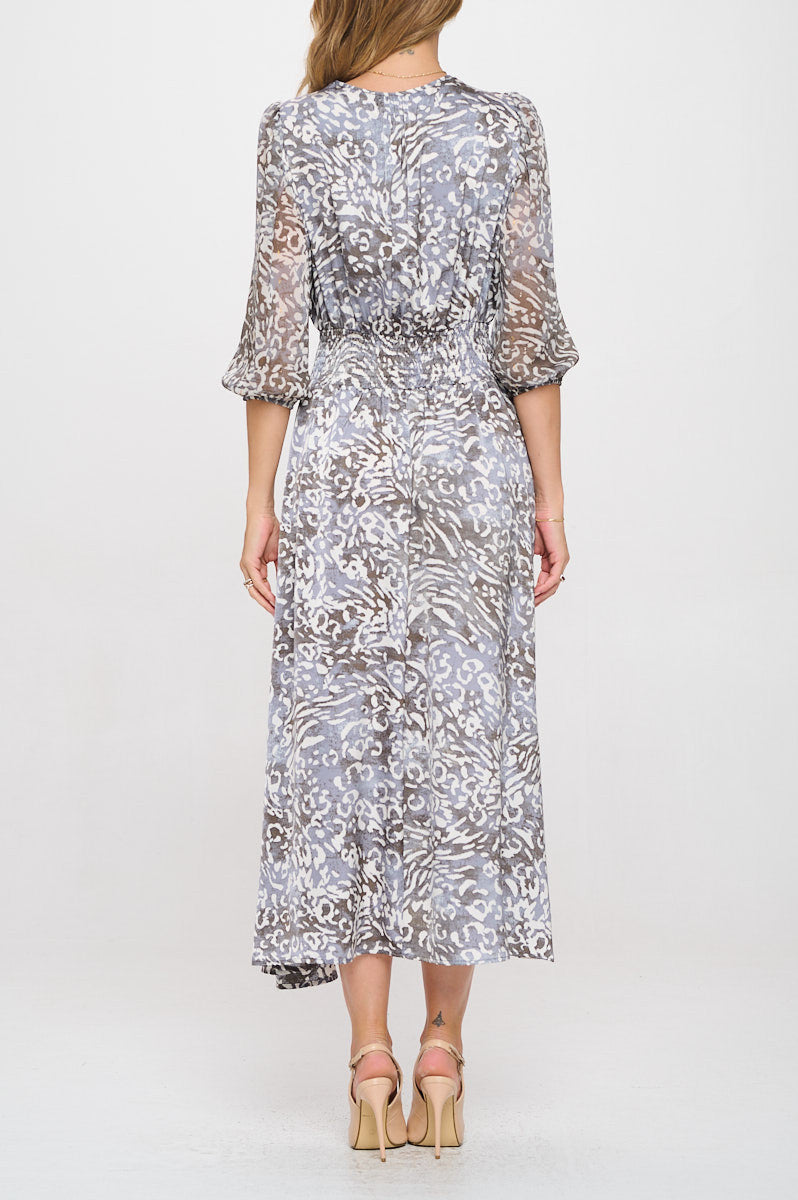 Animal Print V neck Dress with Sheer Sleeve