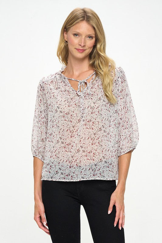 Floral Print Semi Sheer Top with Tie