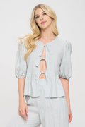Striped Puff Sleeve Top with Front Bow Detail