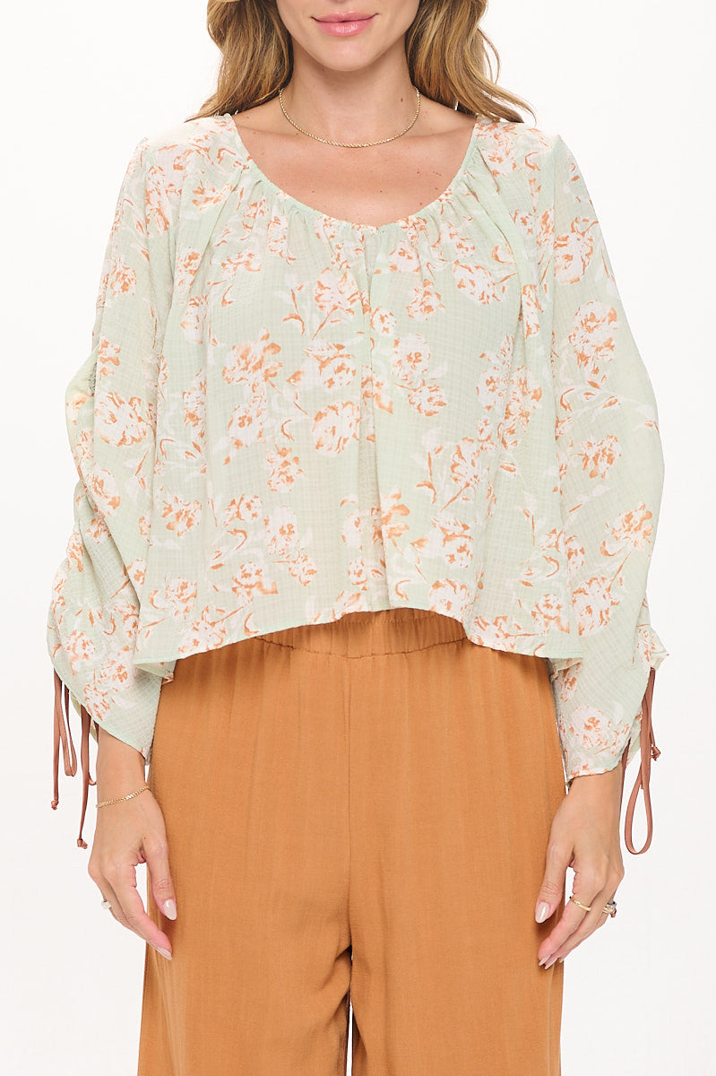 Floral Print Boat Neck Top with Adjustable Tie Sleeve