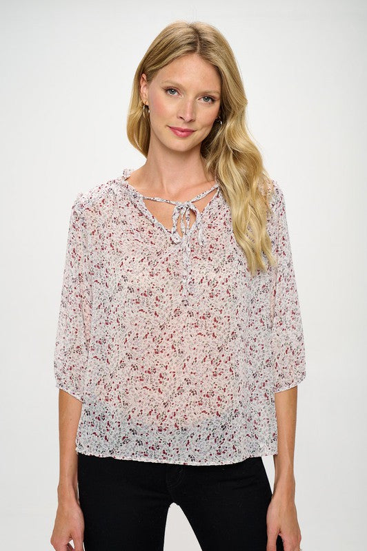 Floral Print Semi Sheer Top with Tie