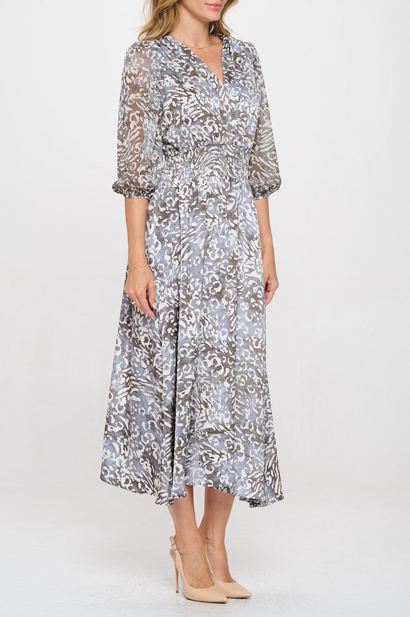 Animal Print V neck Dress with Sheer Sleeve