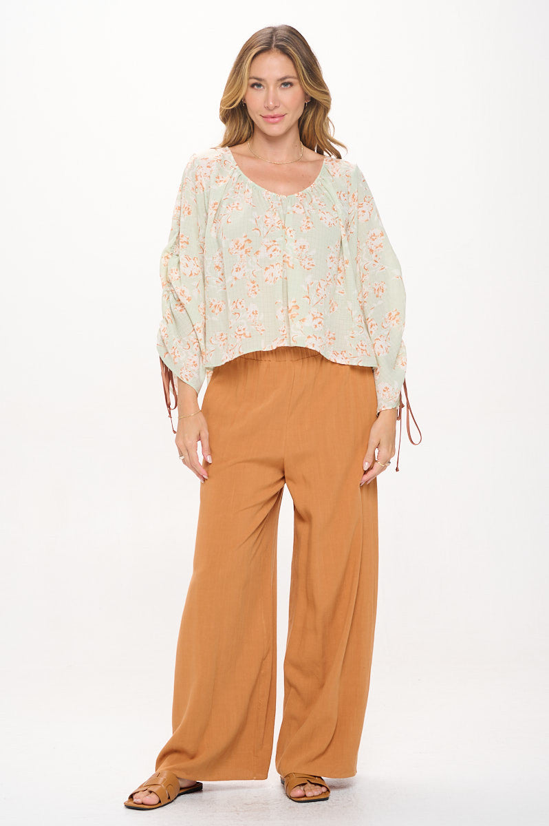 Floral Print Boat Neck Top with Adjustable Tie Sleeve