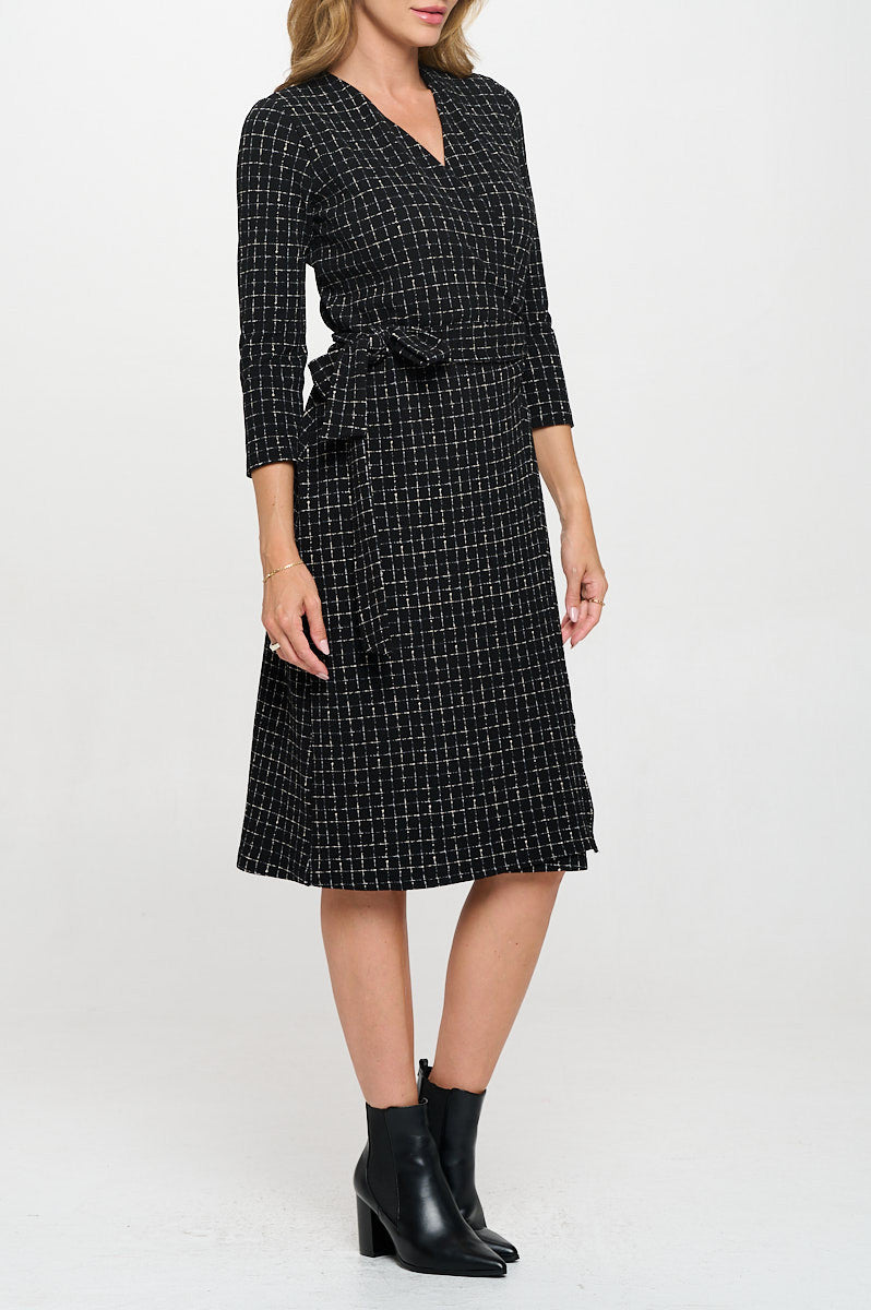 Plaid Knit 3/4 Sleeve V neck Dress with Tie