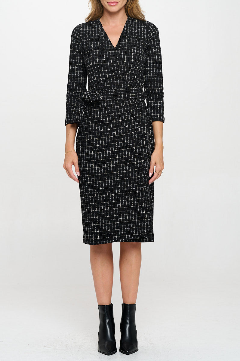 Plaid Knit 3/4 Sleeve V neck Dress with Tie