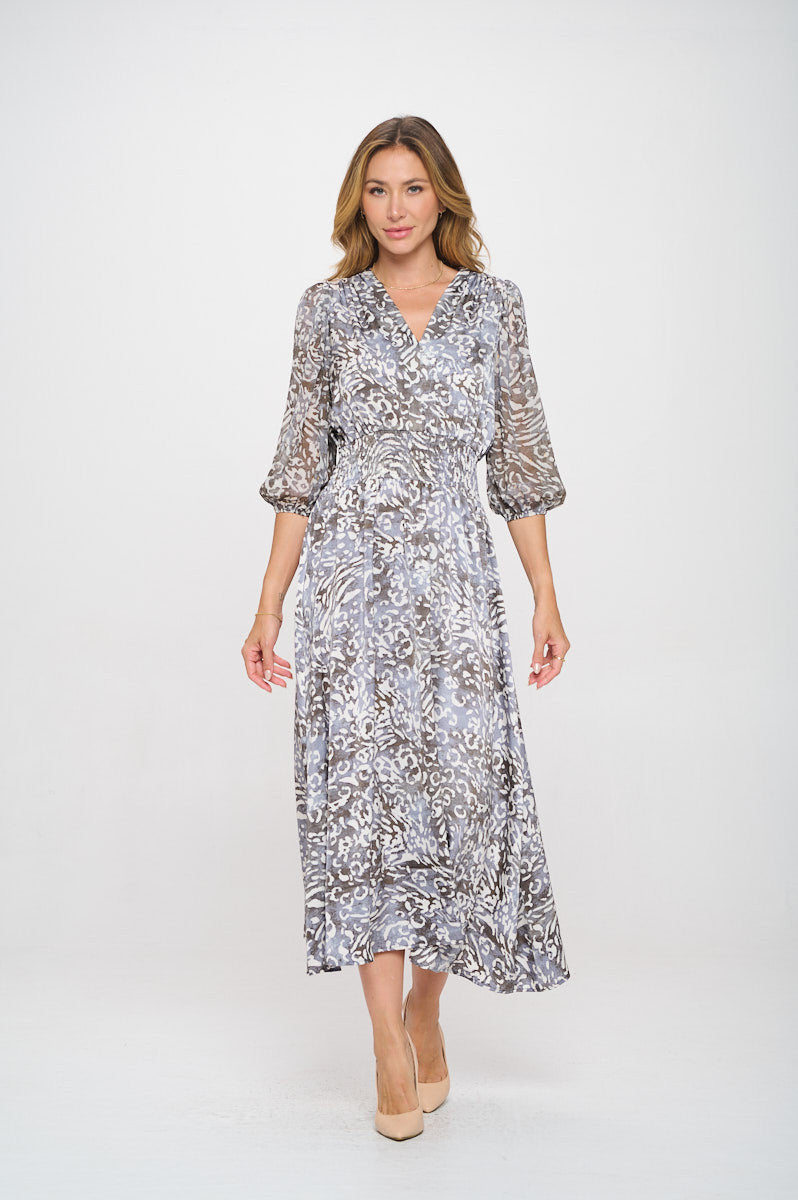 Animal Print V neck Dress with Sheer Sleeve