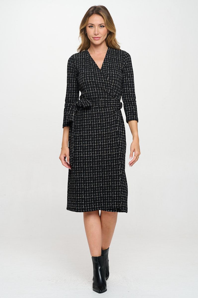 Plaid Knit 3/4 Sleeve V neck Dress with Tie