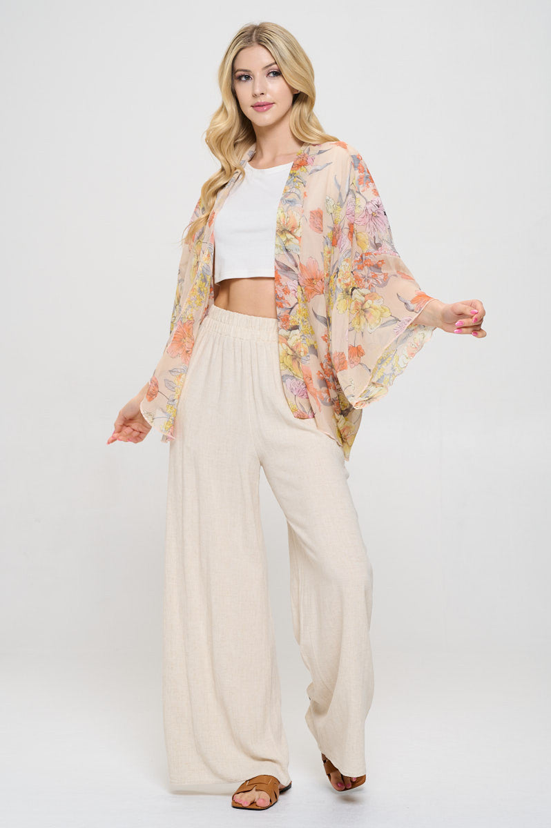 Floral Print Sheer Open Front Kimono