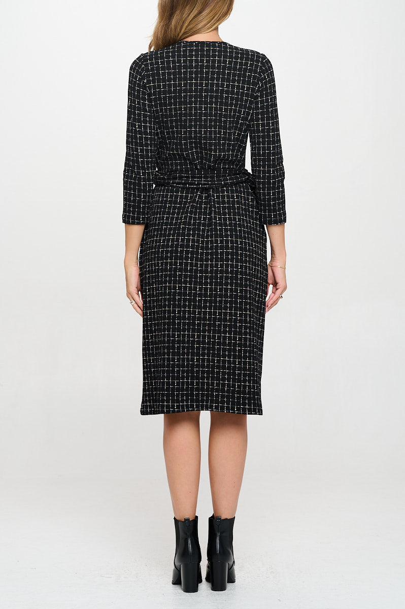 Plaid Knit 3/4 Sleeve V neck Dress with Tie