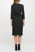 Plaid Knit 3/4 Sleeve V neck Dress with Tie