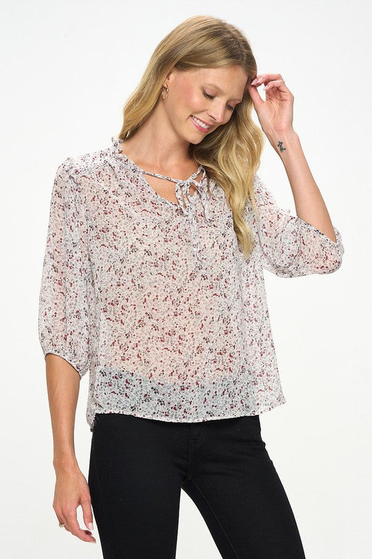 Floral Print Semi Sheer Top with Tie
