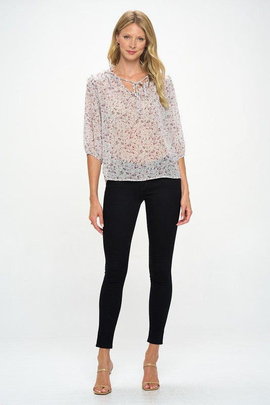 Floral Print Semi Sheer Top with Tie