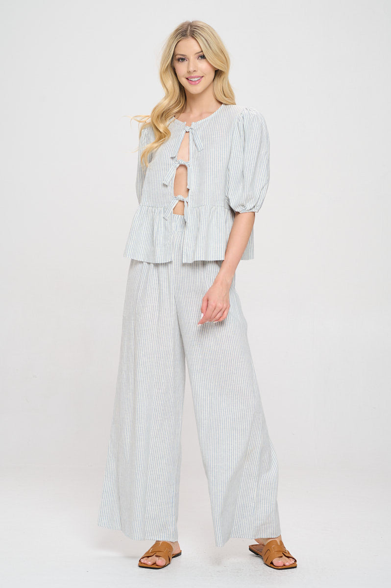Striped Puff Sleeve Top with Front Bow Detail
