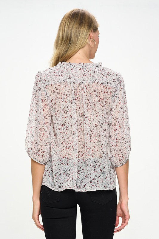 Floral Print Semi Sheer Top with Tie