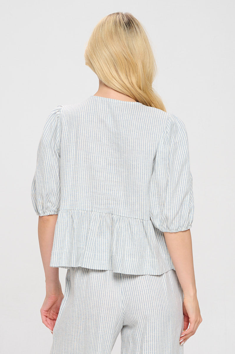 Striped Puff Sleeve Top with Front Bow Detail