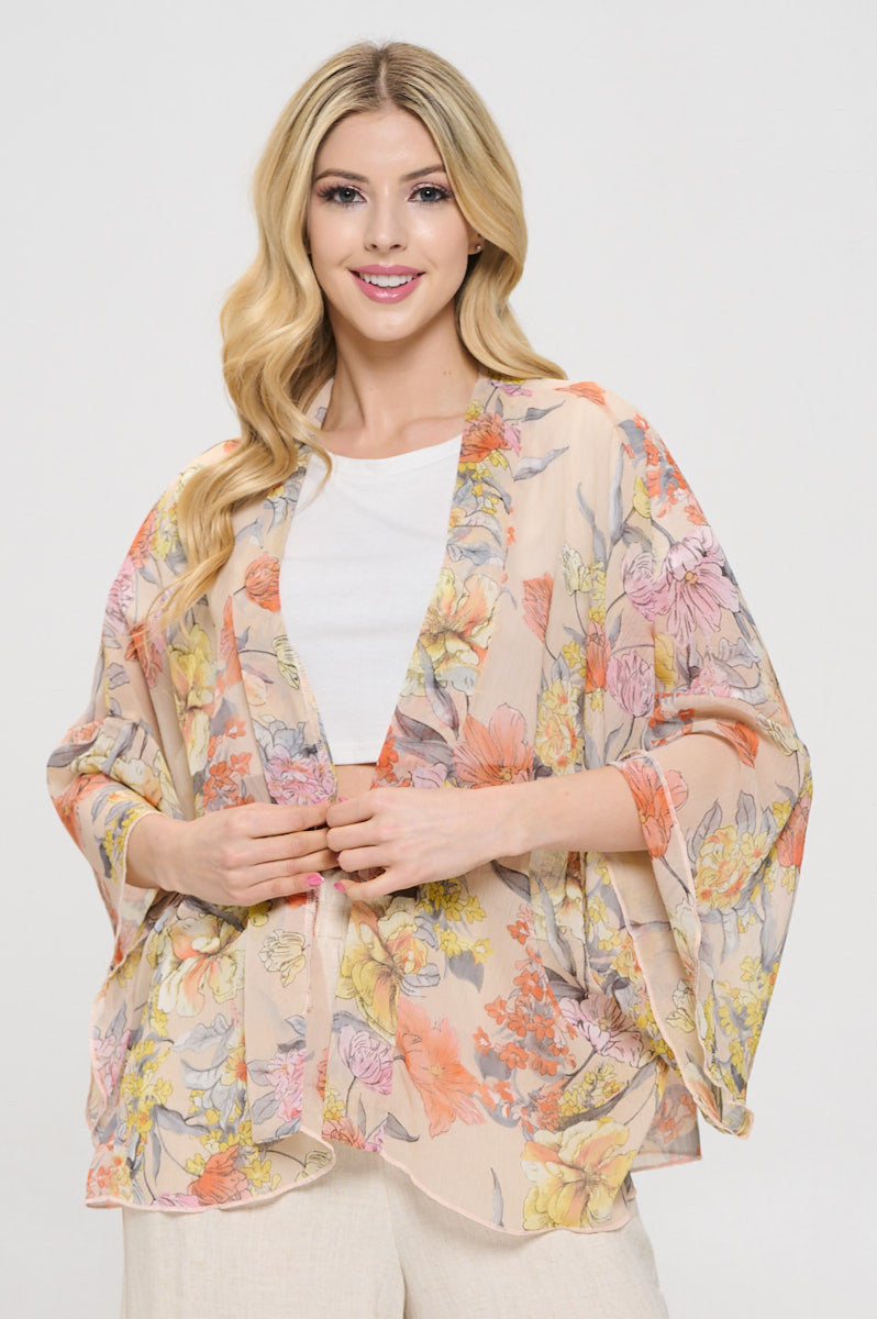 Floral Print Sheer Open Front Kimono