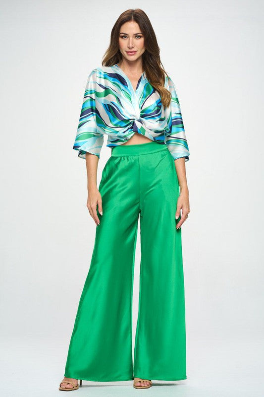 Multi Print Satin Mid Sleeve Top with Front Twist