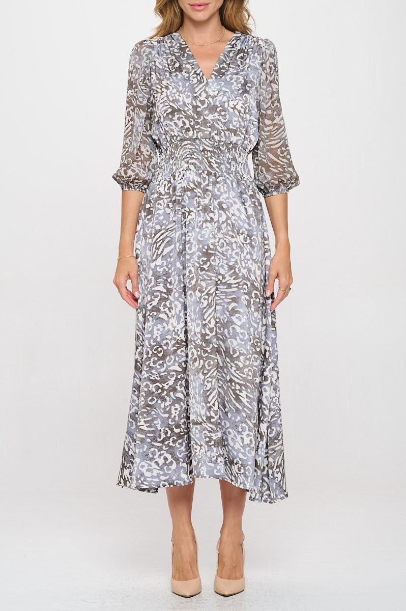 Animal Print V neck Dress with Sheer Sleeve
