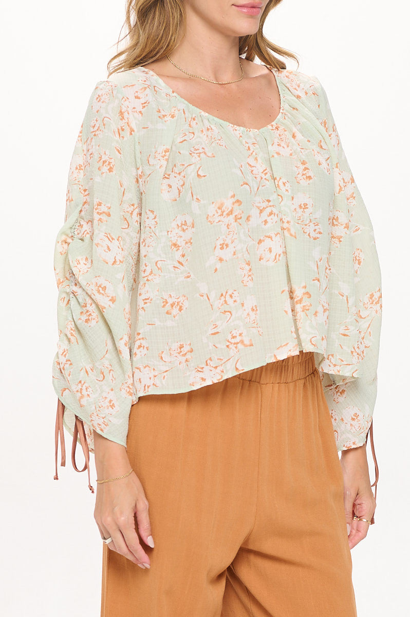 Floral Print Boat Neck Top with Adjustable Tie Sleeve