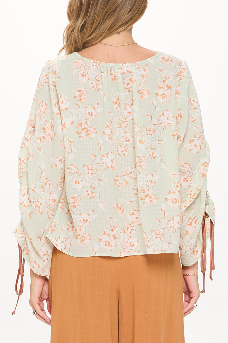 Floral Print Boat Neck Top with Adjustable Tie Sleeve