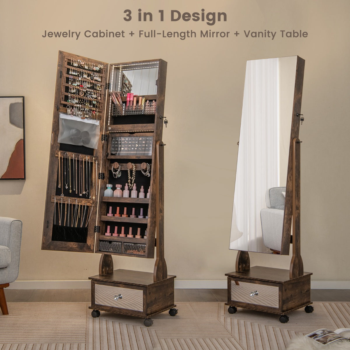 NNECW 159 CM Lockable Jewelry Organizer with 3-Color LED Lights-Brown