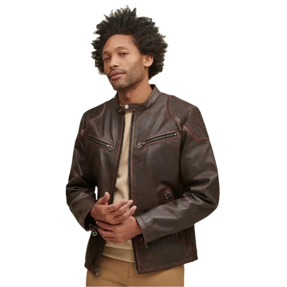 Mens Brown Leather Moto Jacket