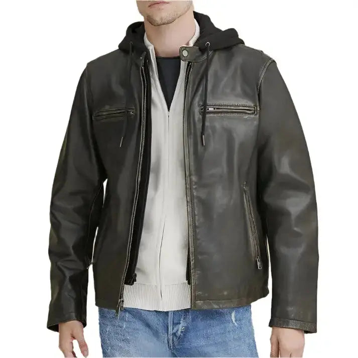 Mens Hooded Biker Leather Jacket