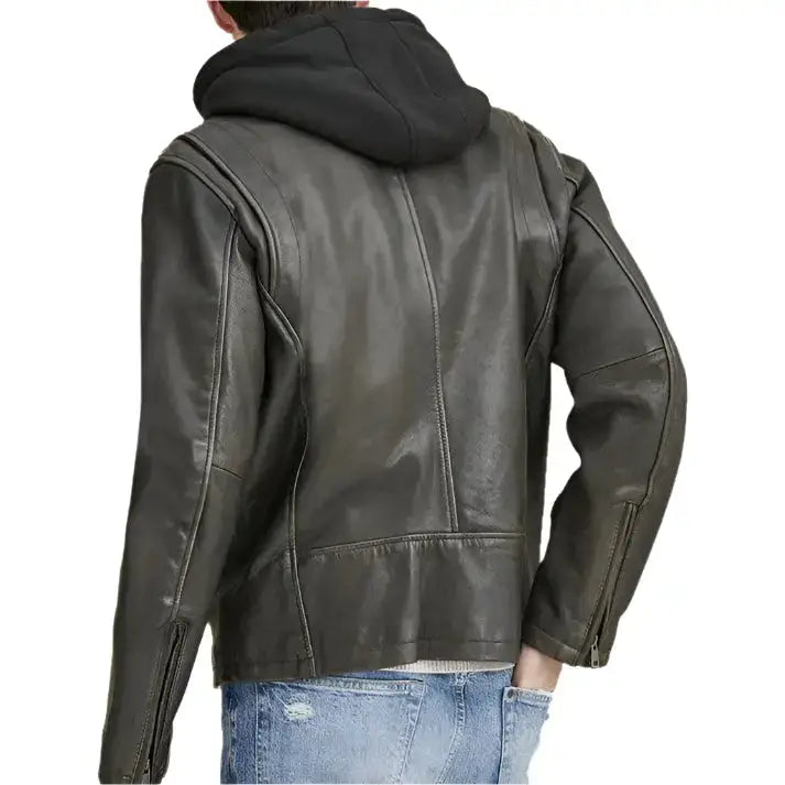 Mens Hooded Biker Leather Jacket
