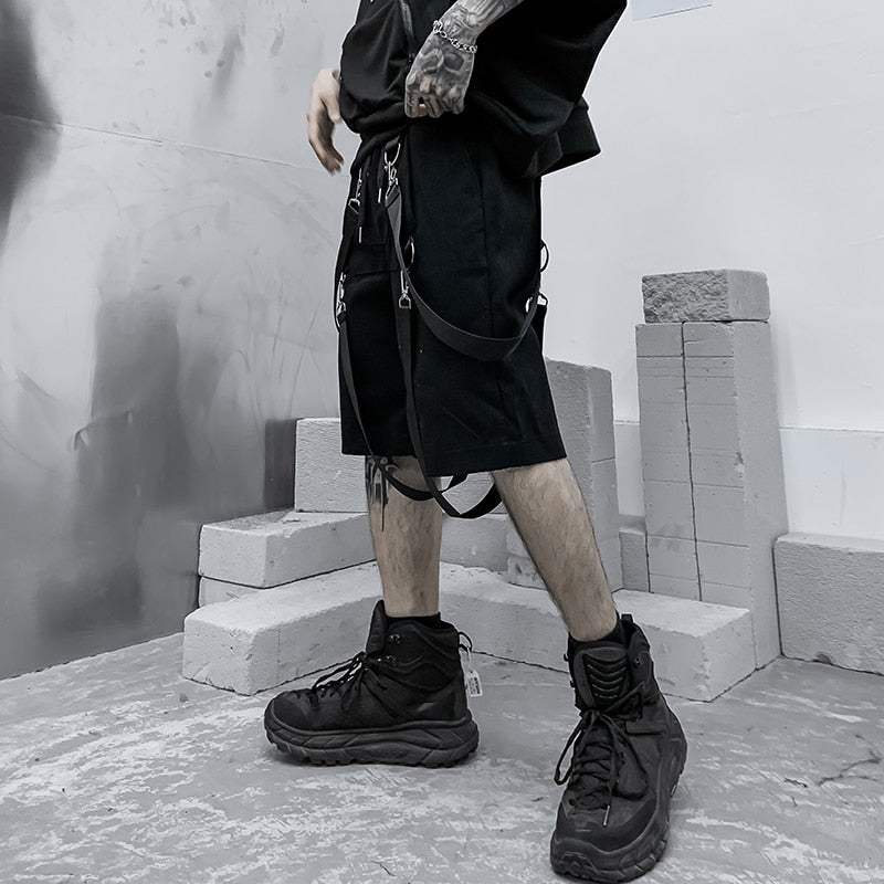 Male Shorts Multi Pocket Summer Loose Ribbons Black Men Short Pant Casual Cotton Hip Hop Streetwear Mens Cargo Shorts