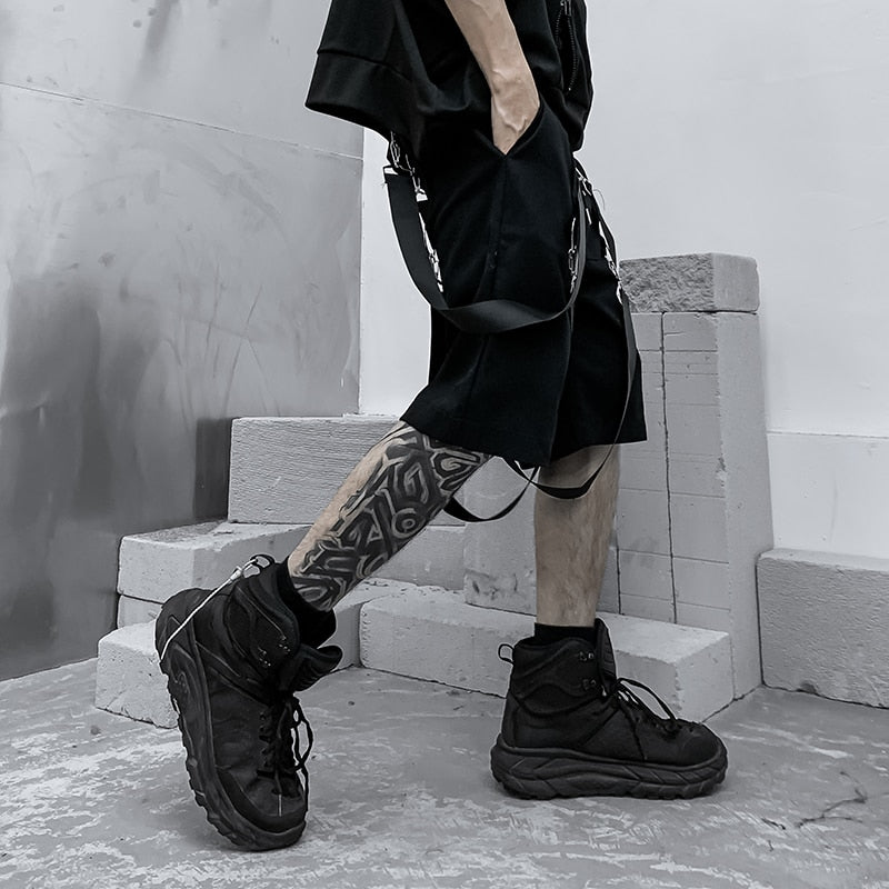 Male Shorts Multi Pocket Summer Loose Ribbons Black Men Short Pant Casual Cotton Hip Hop Streetwear Mens Cargo Shorts