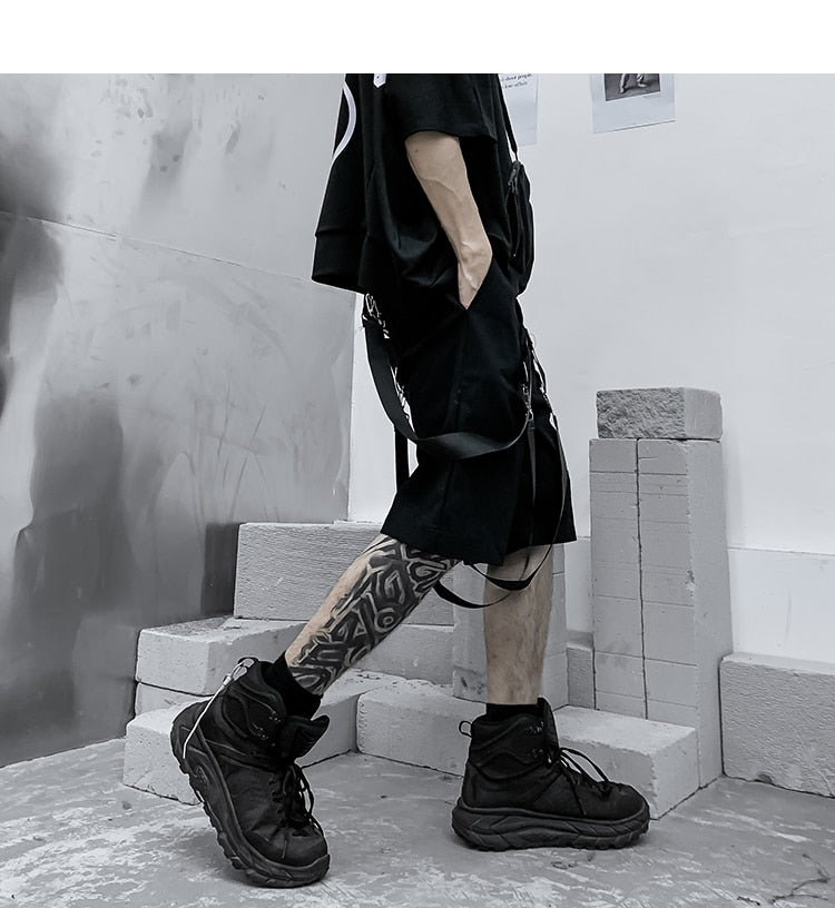 Male Shorts Multi Pocket Summer Loose Ribbons Black Men Short Pant Casual Cotton Hip Hop Streetwear Mens Cargo Shorts