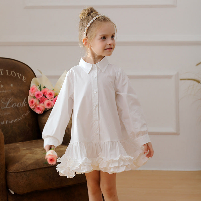 Spring and Autumn Solid Color Single Breasted Long-sleeved Dress for Stylish Girls