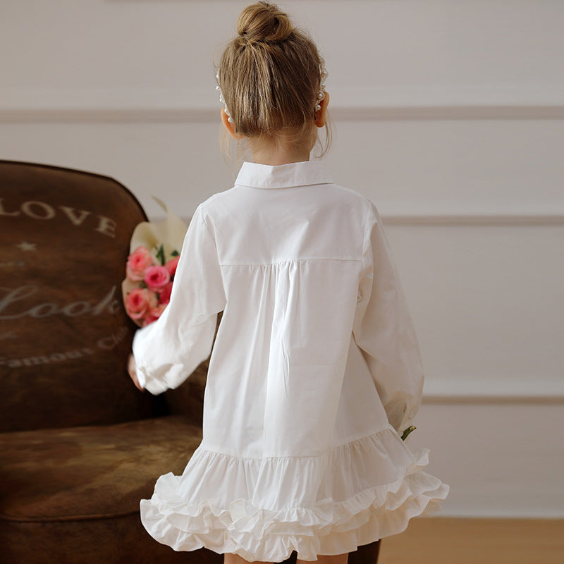 Spring and Autumn Solid Color Single Breasted Long-sleeved Dress for Stylish Girls