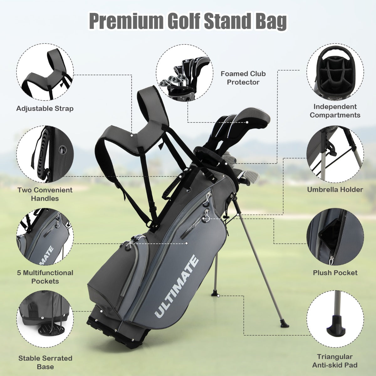NNECW Complete Golf Club Package Set with oversize aluminum driver for Outdoor Use-Grey
