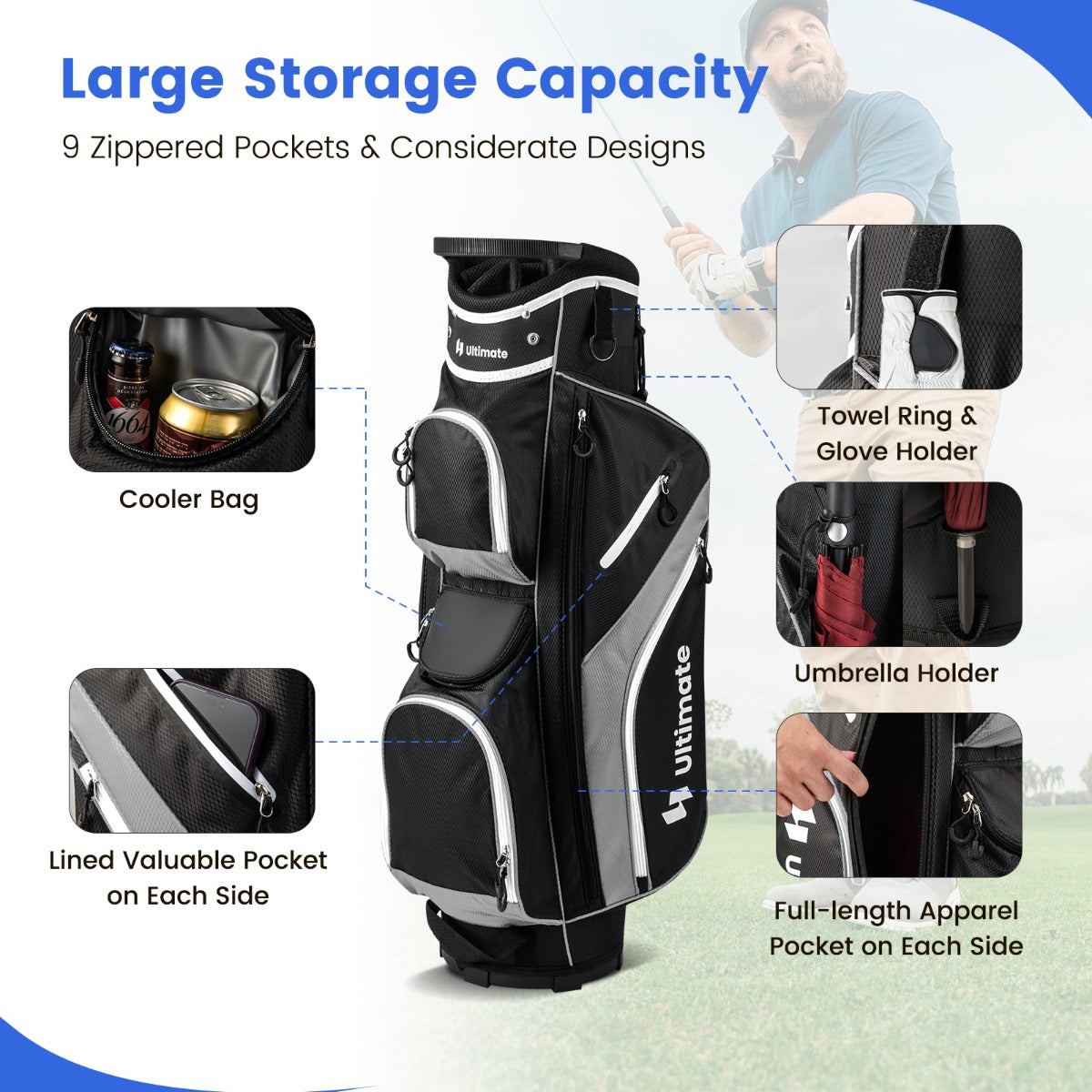 NNECW Golf Cart Bag with 14 Way Top Dividers 9 Pockets and Cooler Bag-Black