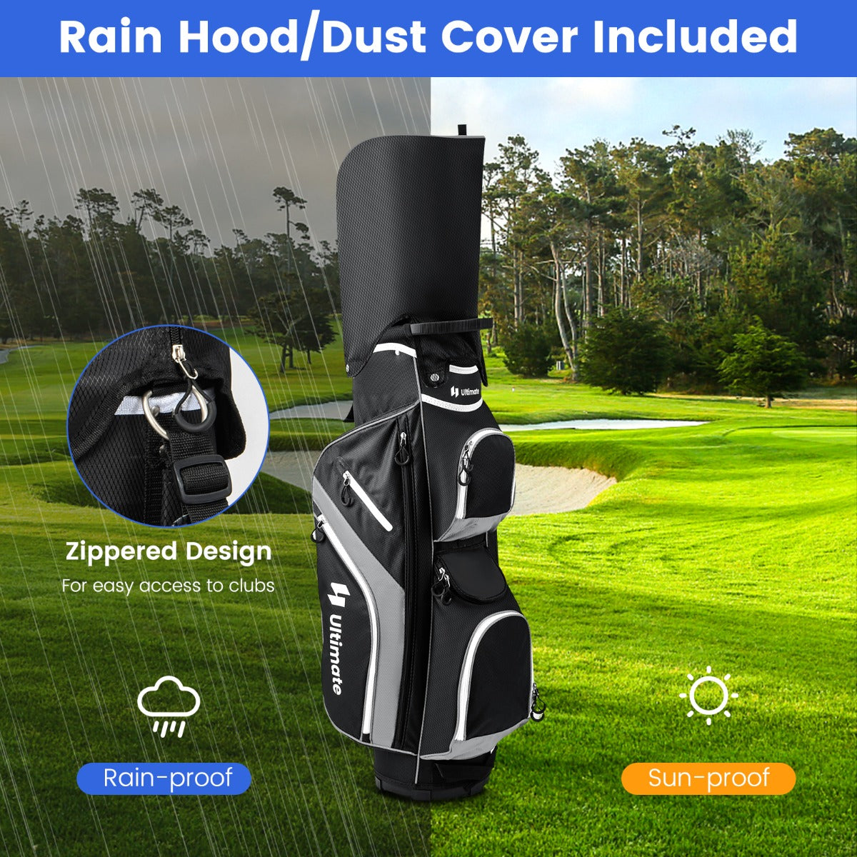 NNECW Golf Cart Bag with 14 Way Top Dividers 9 Pockets and Cooler Bag-Black